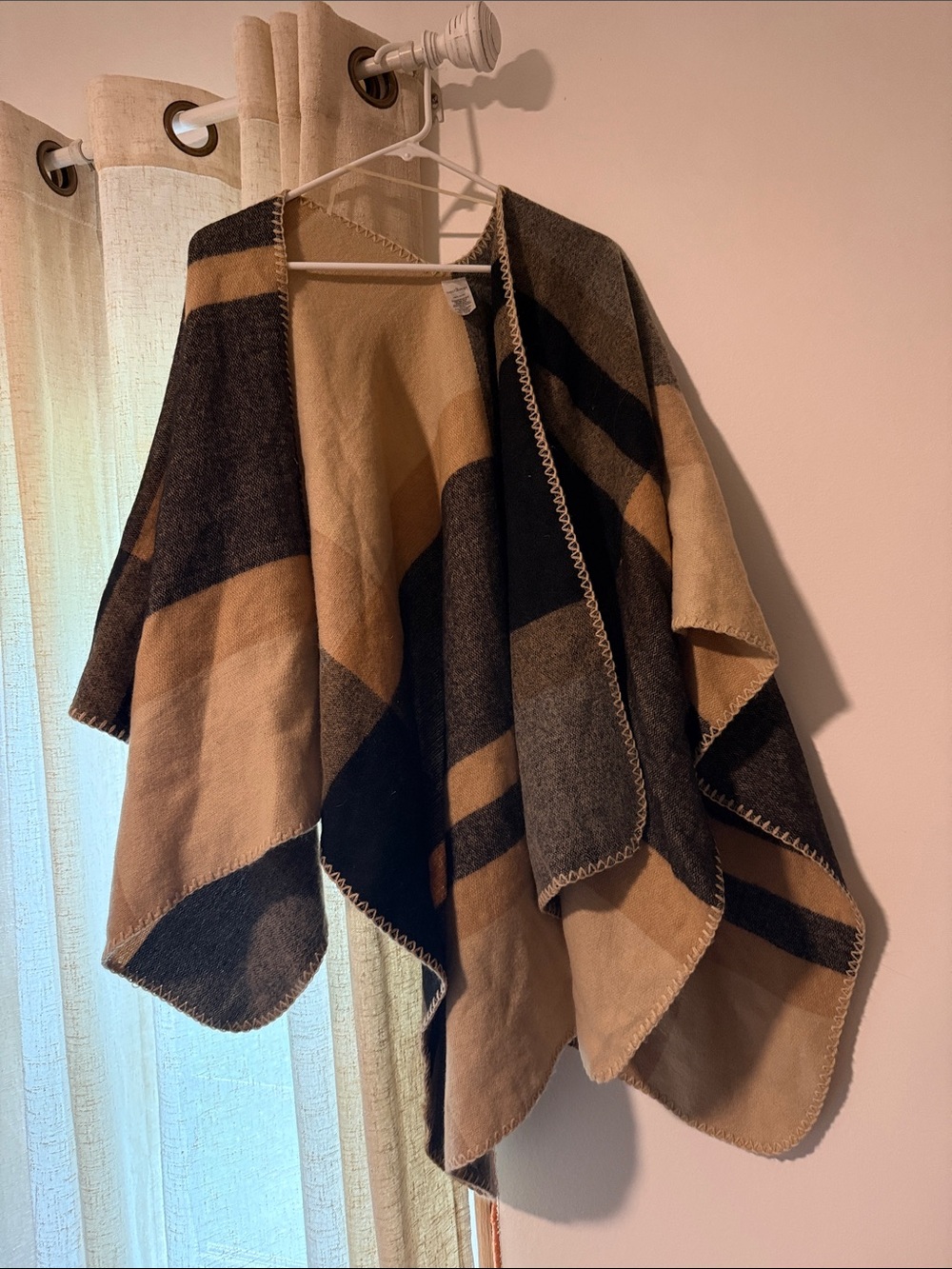 Women's Open Front Poncho Coat - Tan and Black